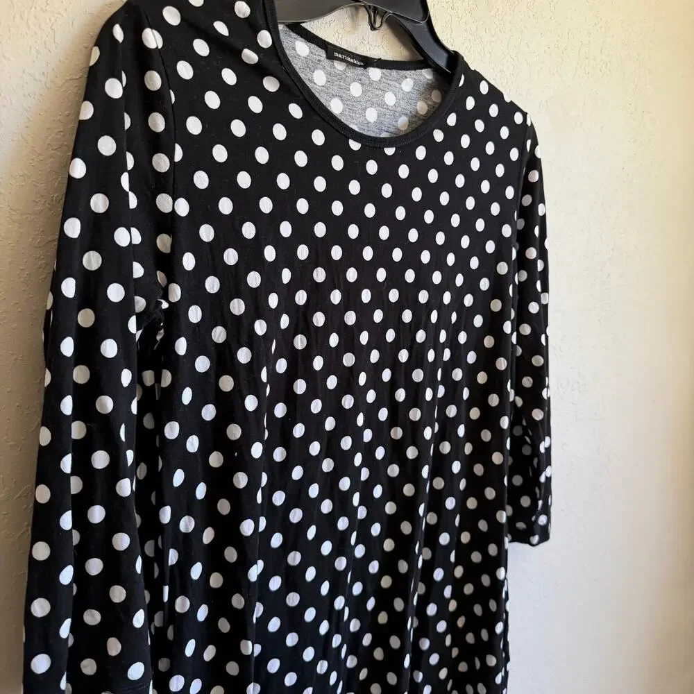 Marimekko Black White Dot Knee Length Tunic Shirt Dress 3/4 Sleeve Womens XS